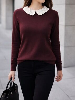 Maroon Sweater with White Floral Collar